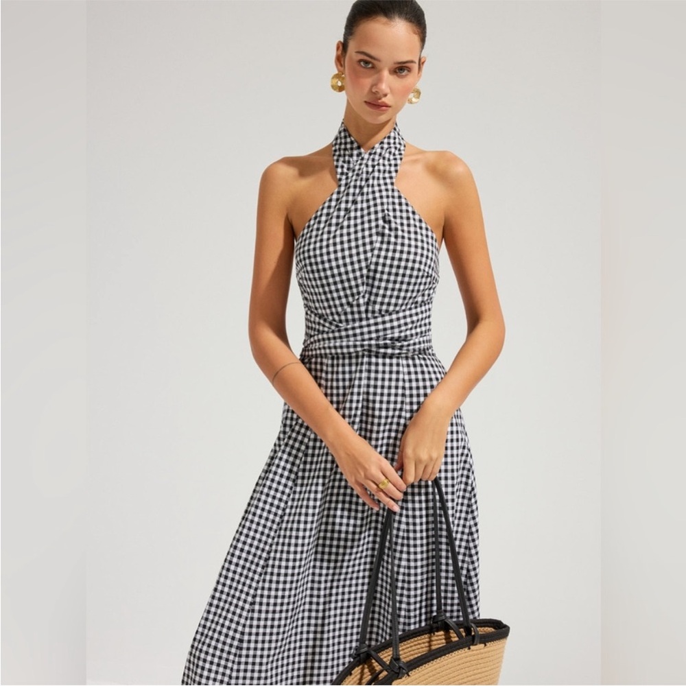 Commense Gingham Halter Maxi Dress - Black & White - Picture 2 of 5